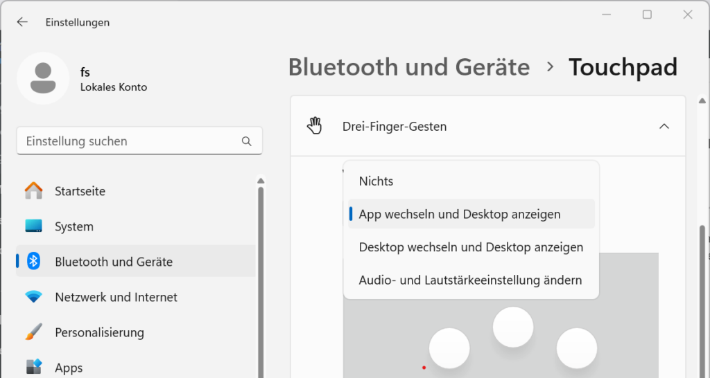 Das Bildschirmfoto zeigt das Einstellungsfenster für Drei-Finger-Gesten, wie im Bitrag beschrieben.
